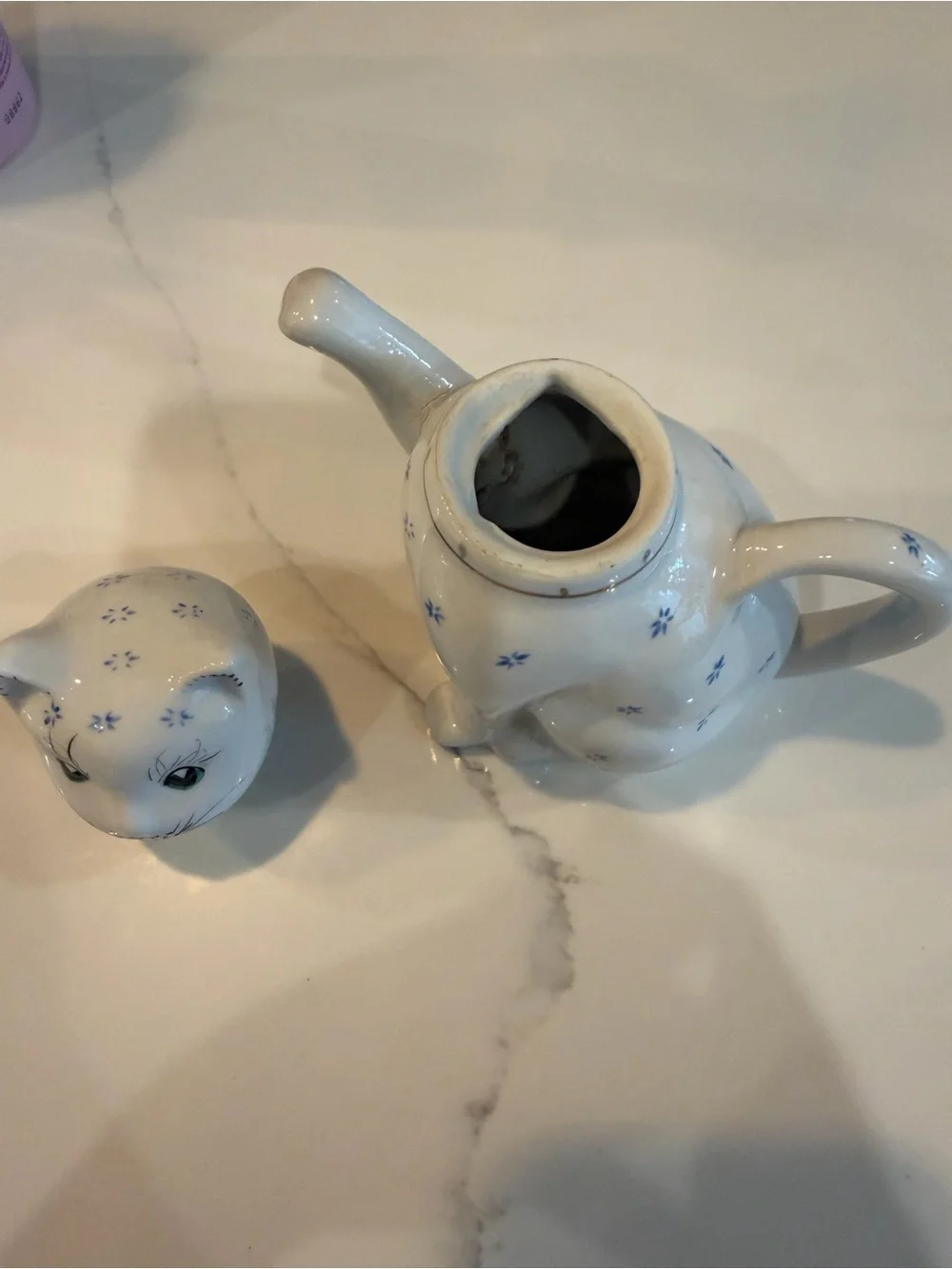 Ceramic White Cat Teapot with Blue Floral Accents